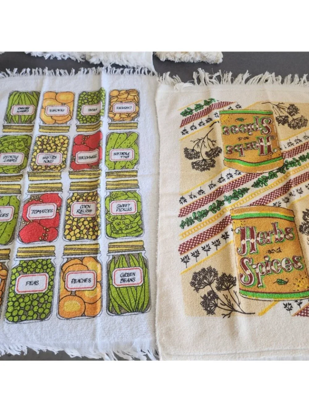 Vtg 1970s Terry Cloth Kitchen Towels Lot of 2 Fringed Canning Jars Herbs Spices
